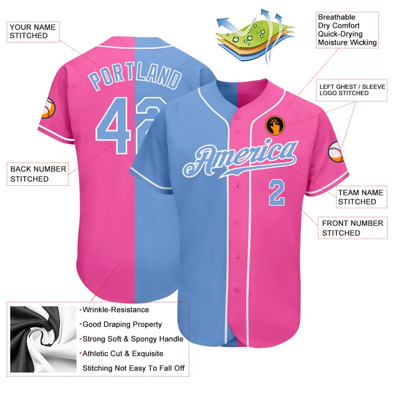 Custom Pink Light Blue-White Fashion Baseball Jersey