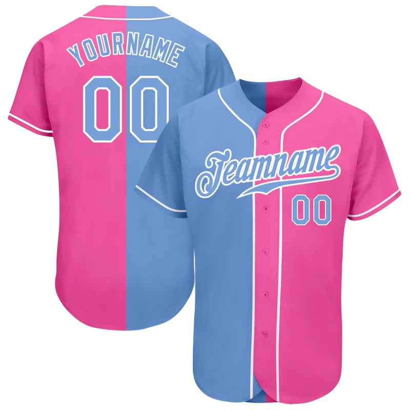 Custom Pink Light Blue-White Fashion Baseball Jersey