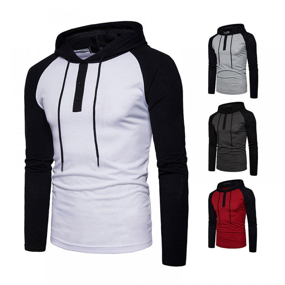 Men's Casual Color-Block Long-Sleeve Hooded Pullover