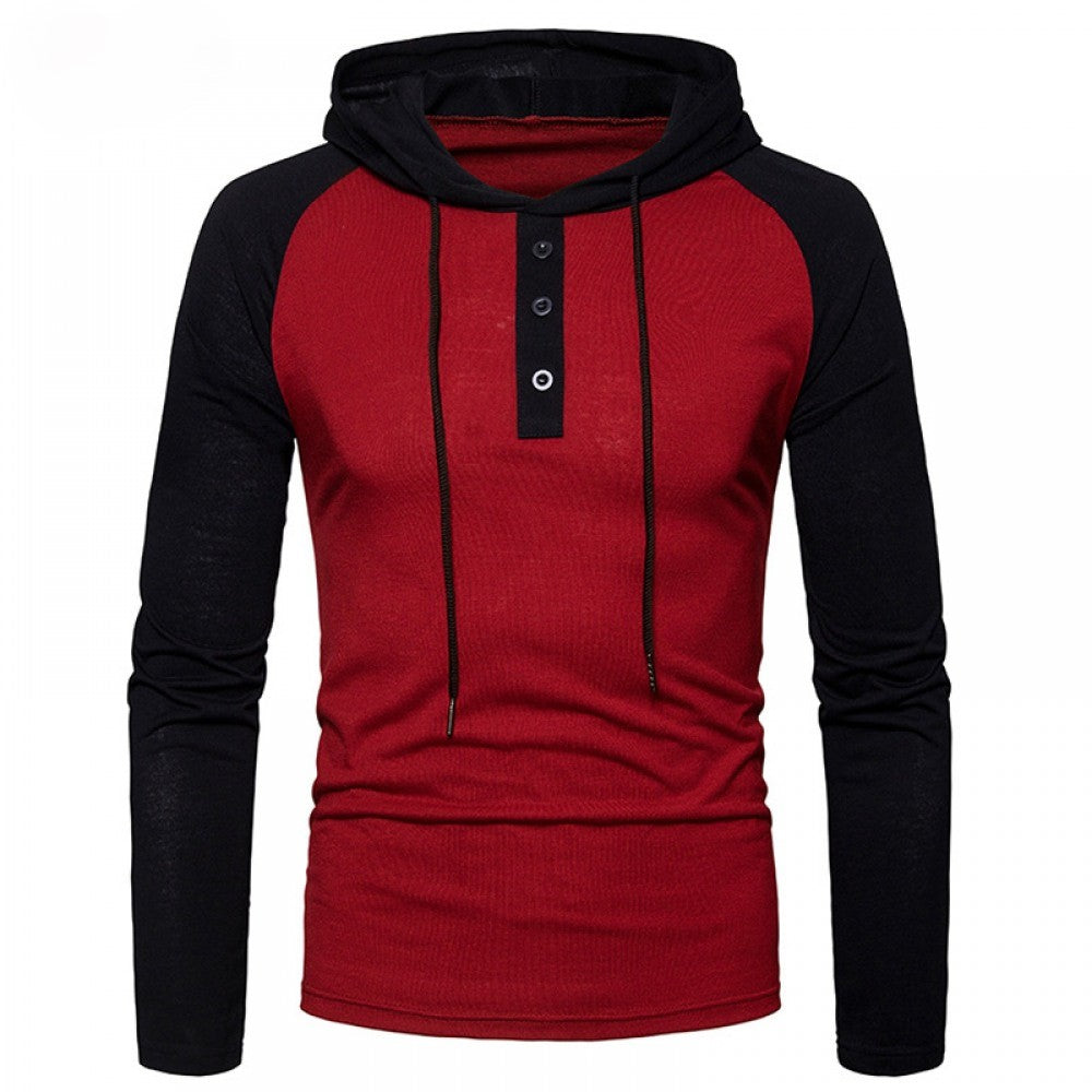 Men's Casual Color-Block Long-Sleeve Hooded Pullover